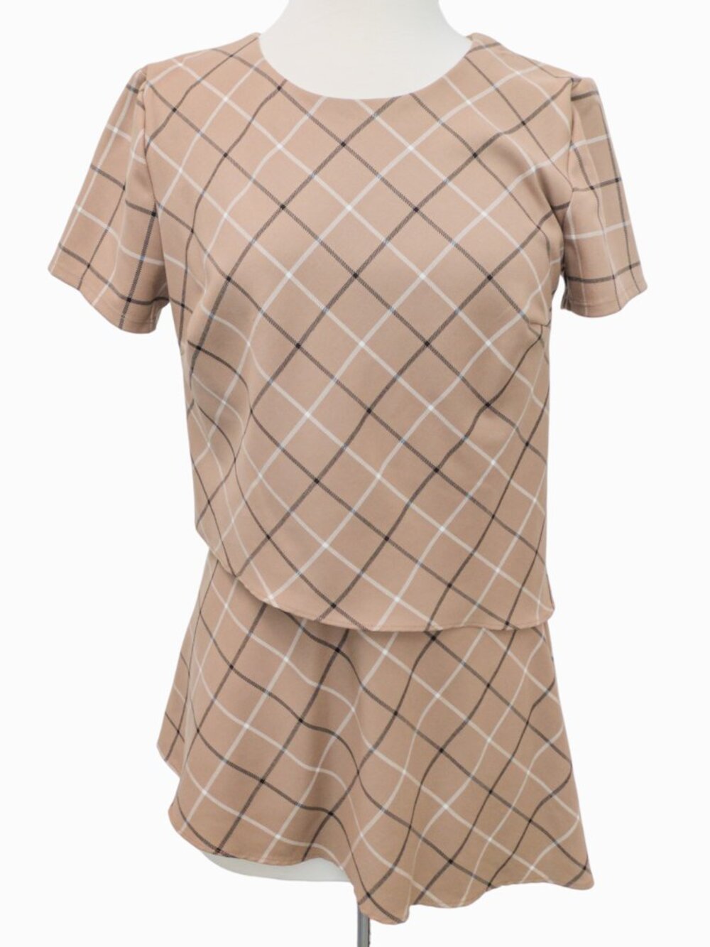 Bailey44 for Anthropologie Anaretta Blouse Tan Plaid Overlay Peplum Top Size M